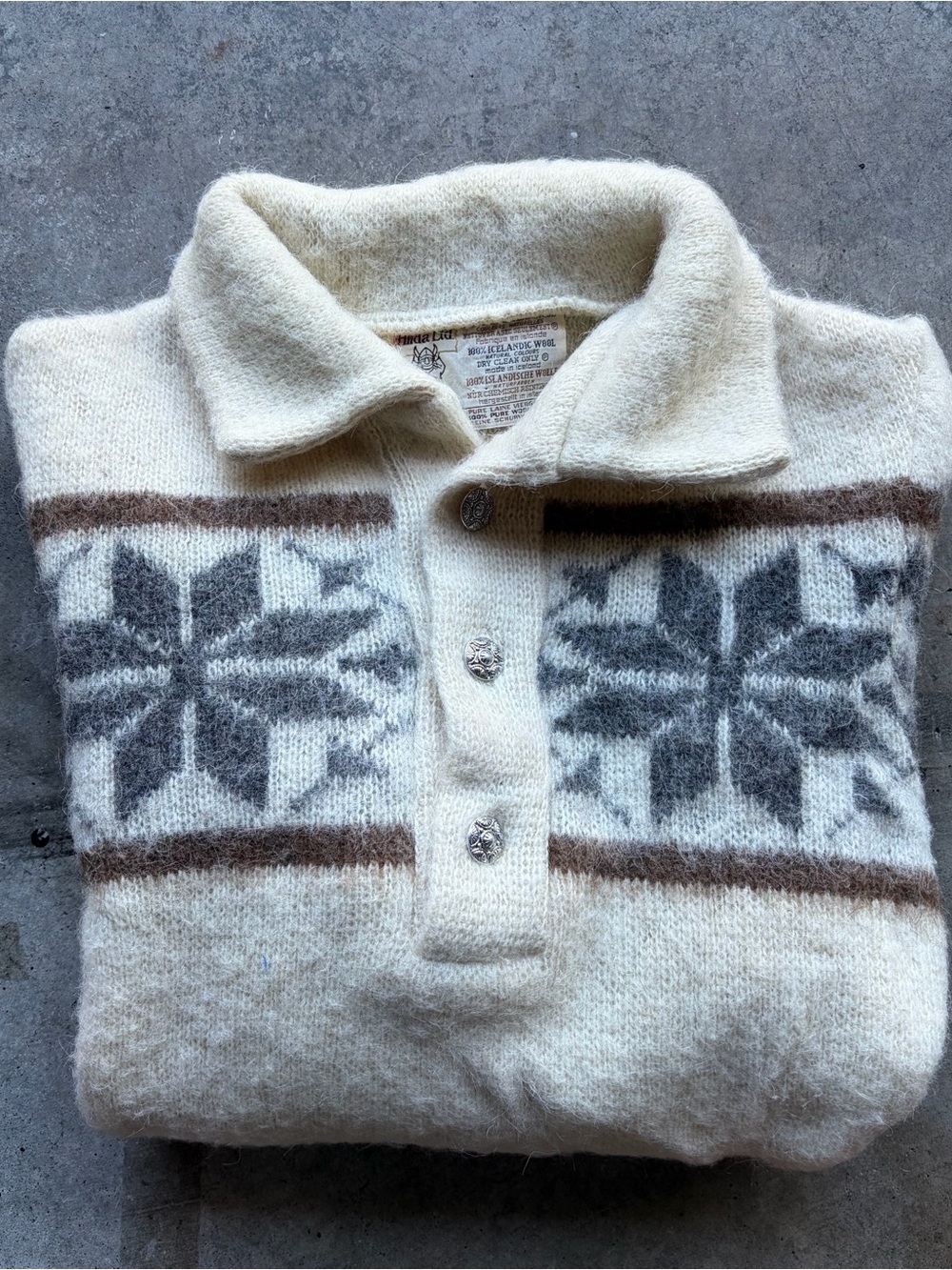 Hilda Ltd Vintage Icelandic 100% Wool Knit Sweater, Ivory Snowflake